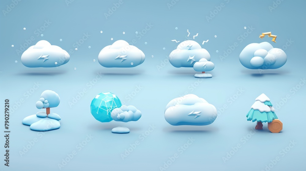 Poster a set of 3d rendered weather icons in plastic minimal style with clouds with lightning, snow, and ra