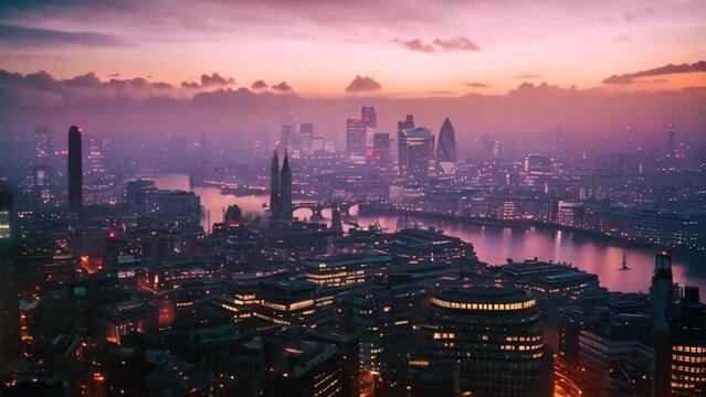 This photo captures a panoramic view of the City of London, as seen from the top of the Shard skyscraper, Rooftop view of London bathed in twilight