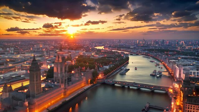 The photo captures a stunning aerial view of the city of London illuminated by the warm hues of the setting sun, Rooftop view of London bathed in twilight
