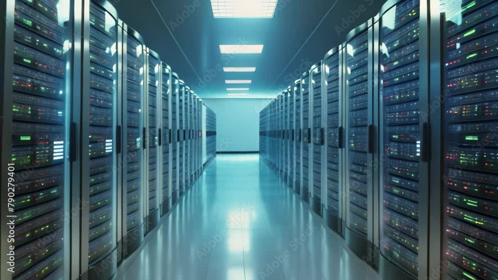 Poster A busy data center housing multiple rows of servers, buzzing with activity and interconnected data processing, Rows of servers in a high tech data center