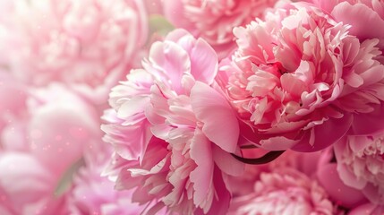 Peony flowers and petals in a close up floral background in nature
