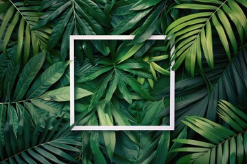 Square White Frame Surrounded by Green Leaves - obrazy, fototapety, plakaty