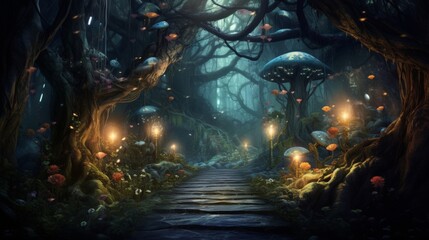 A mystical forest path lined with twinkling lights and mystical creatures, leading to an enchanted world right out of a fairy tale - obrazy, fototapety, plakaty