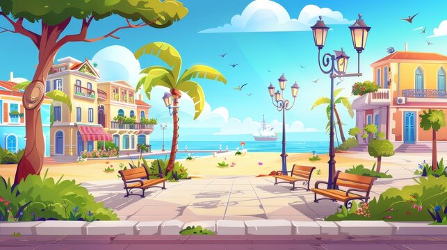 This modern cartoon illustration depicts a city with wall on a seaside promenade and benches, palm trees, street lights and bushes. This is a modern illustration featuring a city with a river