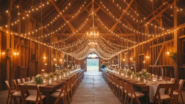 A photo of a charming barn featuring a spacious long table illuminated by hanging lights suspended from the ceiling, Rustic barn wedding with string lights