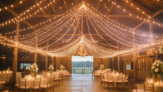 A beautifully adorned barn interior with rustic touches, transformed for a romantic wedding ceremony, Rustic barn wedding with string lights