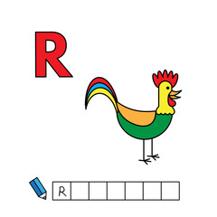 Alphabet with cute cartoon animals isolated on white background. Learning to write game for children education. Vector illustration of rooster and letter R