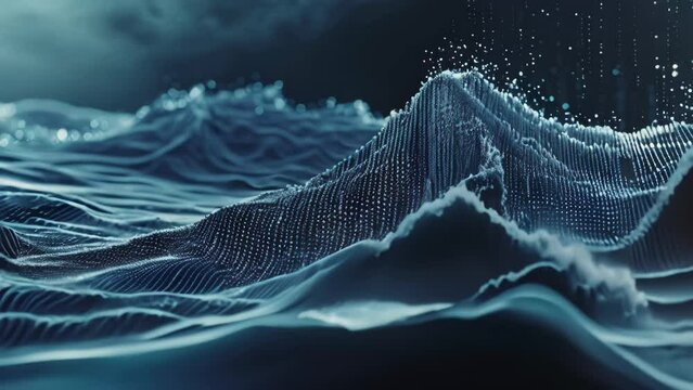 A computer generated Video depicting the forceful breaking of a large wave in the ocean, crashing onto the shore, Sea waves composed of binary code