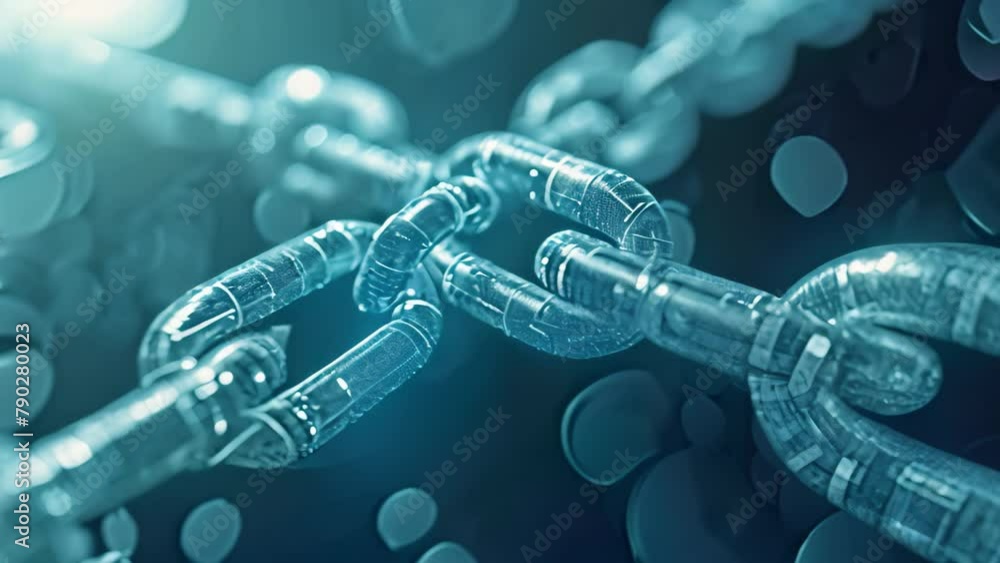 Poster close up of secured chain with blurry background, simplified blockchain network depicted on a clear 