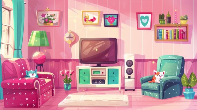 This cartoon living room features a tv set, games console and furniture. On the wall is a picture on a pink background and a cute cat on an armchair, sofa and lamp.