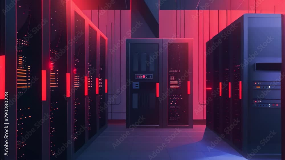 Poster multiple servers lined up in a well-organized row inside a busy data center, single-color depiction 