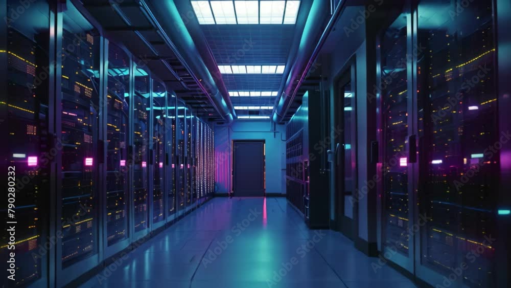 Aufkleber a photograph of a long hallway filled with neatly organized rows of servers in a data center, single