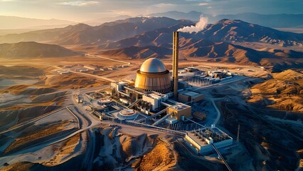 Desert Nuclear Power Plant - Oasis of Modern Energy. Concept Energy Sustainability, Desert Landscapes, Nuclear Technology, Renewable Resources, Clean Energy - obrazy, fototapety, plakaty