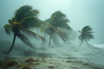 A scene showing palm trees bent in strong winds, sand being whipped across an empty beach as a storm