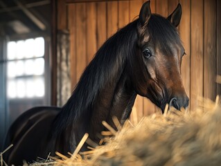 A horse is eating hay in a barn. The barn is made of wood and has a window. The horse is looking at the camera