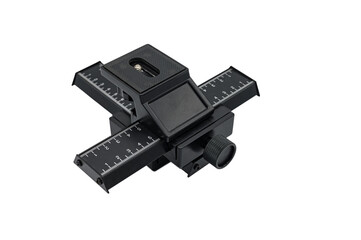 Detail of a two-axis millimeter rail slider for macro photography on white background