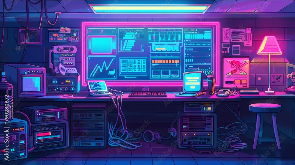 Poster the retro computer digital interface has a glitch effect. desktop pc screen with windows, icons, and