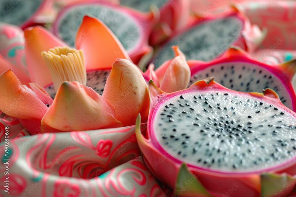 Poster An image capturing the use of a halved dragon fruit to make exotic prints on a series of summer dres