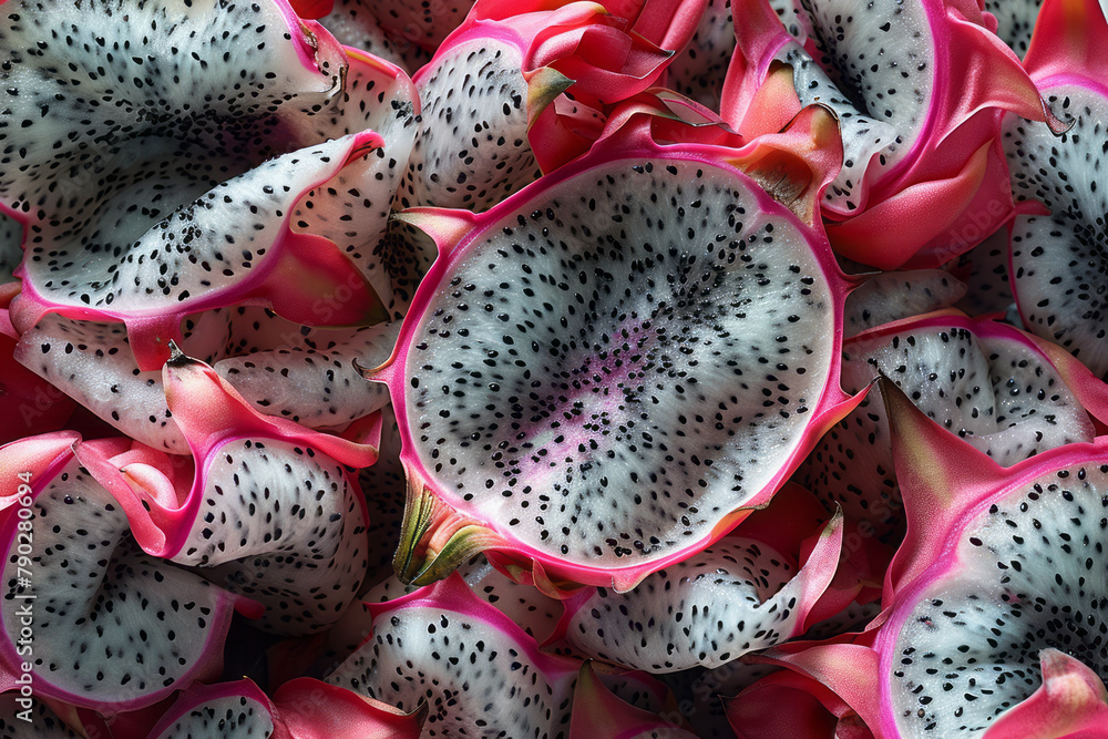 Poster an image capturing the use of a halved dragon fruit to make exotic prints on a series of summer dres