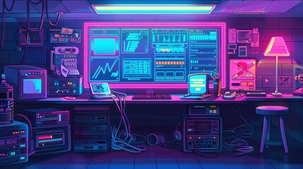 The retro computer digital interface has a glitch effect. Desktop PC screen with windows, icons, and message frames in neon colors, modern cartoon illustration.