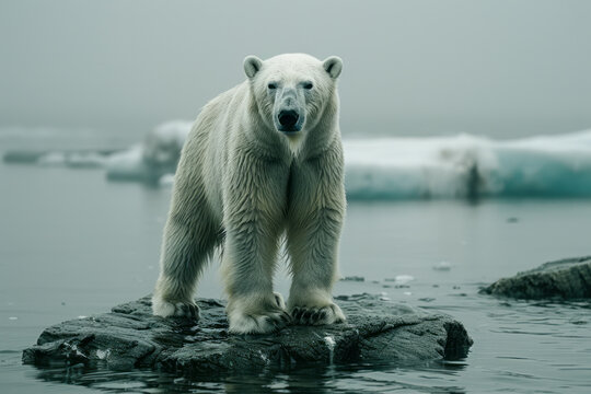An image capturing the sad reality of a polar bear on a tiny ice floe, its habitat melting away due