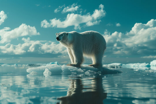 An image capturing the sad reality of a polar bear on a tiny ice floe, its habitat melting away due