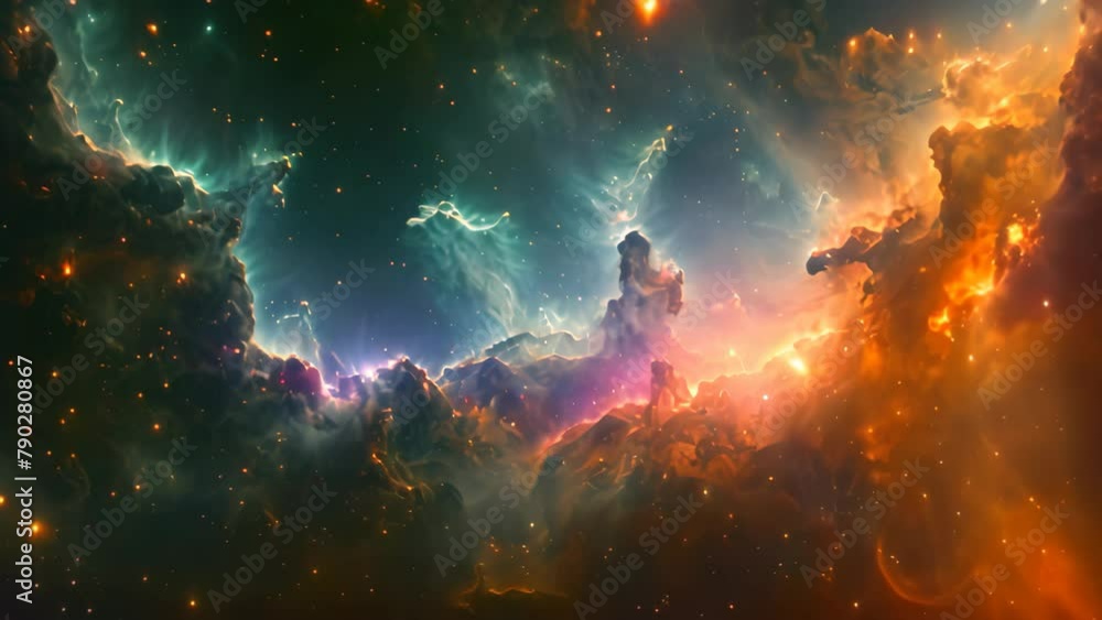 Poster an video of a visually striking space teeming with an array of brightly colored stars, space nebula 