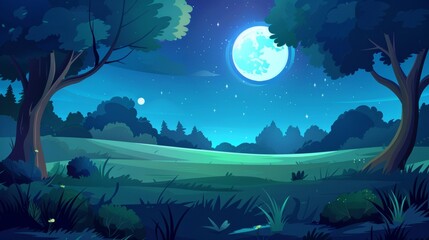 An autumn night landscape with dark trees, bushes, grass. The landscape in the park features trees, meadows, a blue sky, and a full moon in the sky, all of it illustrated in a modern style. - obrazy, fototapety, plakaty
