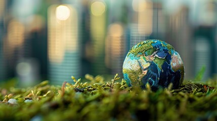 A small globe sits on a bed of moss against a blurred background of a city skyline.

