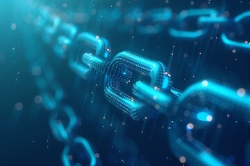 A blue digital chain with glowing dots and shapes on a blue background, dark The blue digital chain has glow on the sides of each link, in the style of technology Futuristic technology illustration st