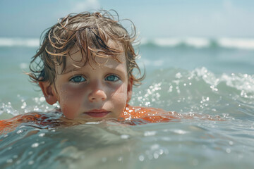 Fototapeta na wymiar An image of a child unable to swim in the ocean due to the red tide and other harmful algae blooms c