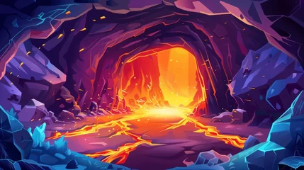 Foto auf Alu-Dibond Cartoon modern hell scene with orange volcanic magma flow. Background with dark underground mystery tunnel hole entrance in mountain. Cave with molten lava and sparks fantasy game. © Mark