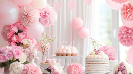 Elegant baby shower setup for a girl pink and white colors, a dessert table