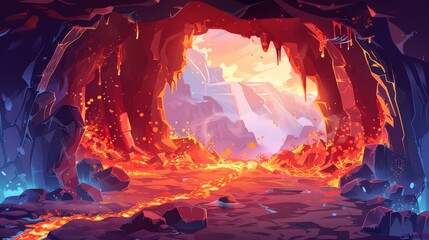A cartoon cave with a lava river inside it. Illustration showing the flow of magma inside a rocky mountain. Volcano interior with splashes and sparkles. - obrazy, fototapety, plakaty