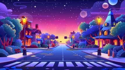 Street at night with buildings and traffic lights at crosswalks for pedestrian safety. Cartoon illustration of cartoon houses, road and sidewalk empty, trees, and bushes.