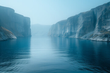 An image of a deep, still fjord in the early morning, the steep cliffs casting long shadows over the