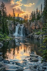 Evening light casting golden hues over a forest waterfall, tranquil waters reflecting the sunsets colors.
