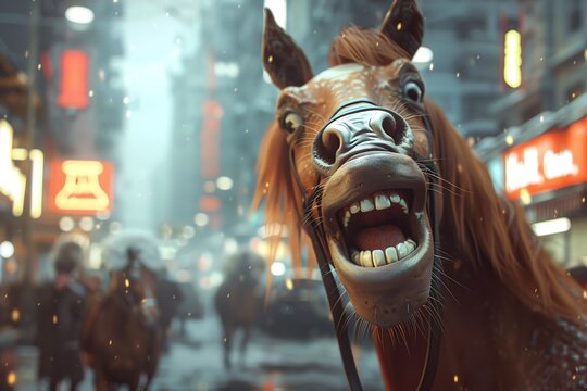 concept art realistic portrait closeup of horse making funny face with 1920s city street in background.