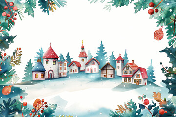 Festive watercolor snowy village framed by intricate holiday motifs