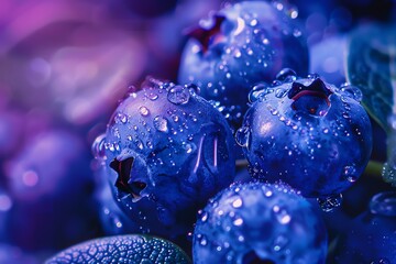 Macro shot of dewy blueberries, intense color saturation. - obrazy, fototapety, plakaty
