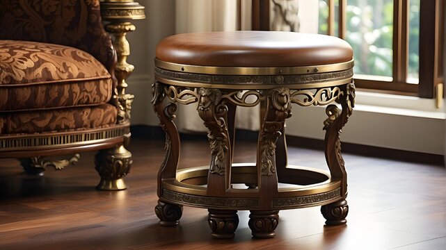 A photorealistic depiction of an elegant vintage brass stool with an exotic wood base, showcasing intricate details and luxurious craftsmanship. The image should highlight the ornate design of the bra