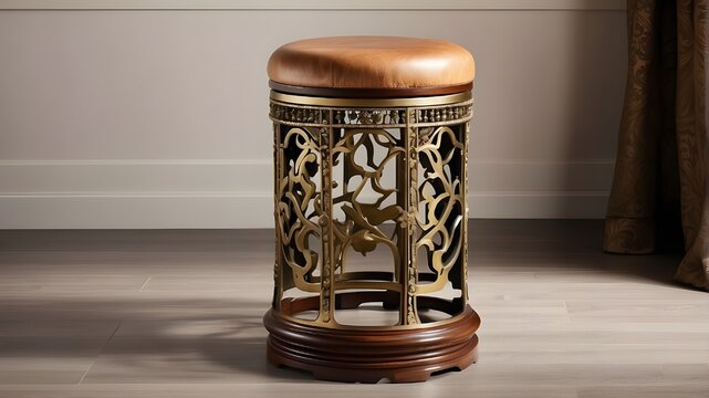 A photorealistic depiction of an elegant vintage brass stool with an exotic wood base, showcasing intricate details and luxurious craftsmanship. The image should highlight the ornate design of the bra