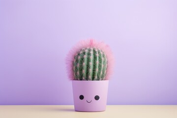 A whimsical scene of a single cactus with a cute face painted on it, positioned against a dreamy pastel violet backdrop