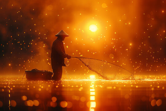 An image of a fisherman casting his net at dawn, the golden light reflecting off the water as he beg