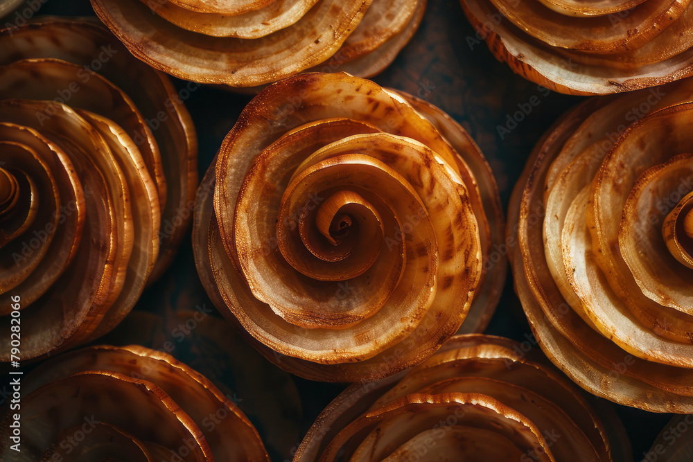Poster a close-up of onion rings used to create overlapping patterns on a canvas, each layer of the onion c