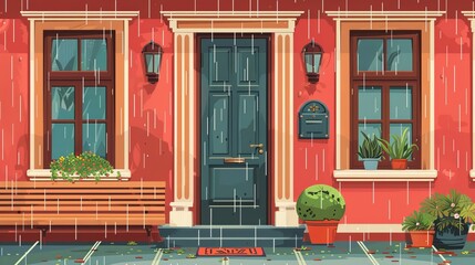 Typical house facade with porch, door, window, and red wall in raining weather, with a mat on the doorstep, plants, and wooden bench. Modern cartoon illustration.