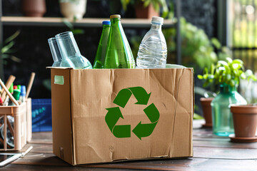 Recycling concept. Recycling symbol on cardboard box. Recycling bin with plastic bottles on wooden table, closeup