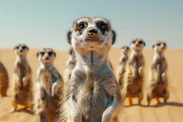 Deurstickers An image of a group of meerkats standing alertly on their hind legs, scanning the desert for threats © Natalia