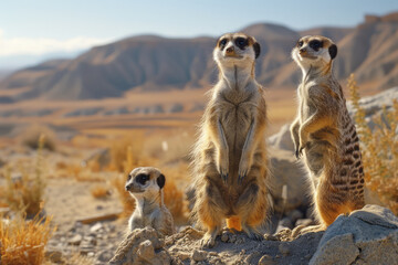 An image of a group of meerkats standing alertly on their hind legs, scanning the desert for threats