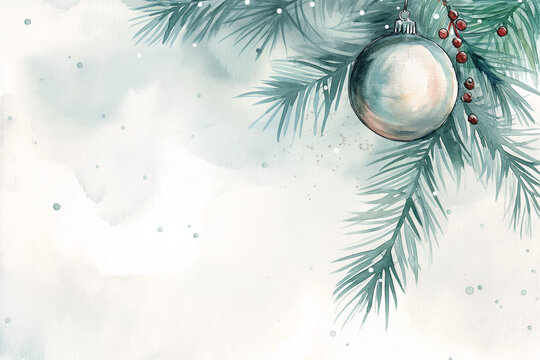 Watercolor illustration of a Christmas bauble delicately hanging from a pine branch, set within a stylish frame, white lower half for festive notes